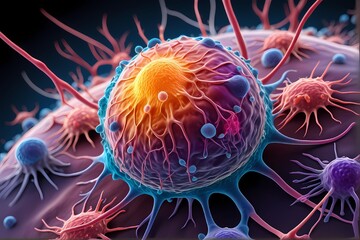 3D rendering of microscopic human and cancer cells on science day background 
