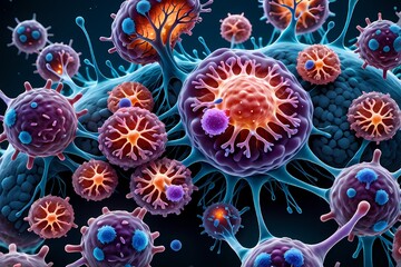 3D rendering of microscopic human and cancer cells on science day background 
