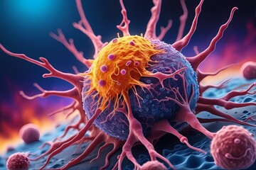 3D rendering of microscopic human and cancer cells on science day background 
