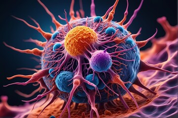 3D rendering of microscopic human and cancer cells on science day background 
