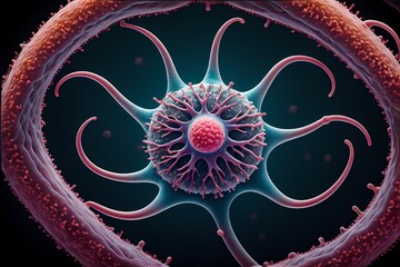 3D rendering of microscopic human and cancer cells on science day background 
