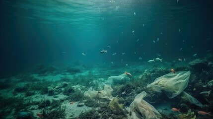 Ocean pollution with plastic: a plastic bag floating underwater amidst fish, turtle and coral. A distressing depiction of the environmental threat posed by plastic waste to marine ecosystems