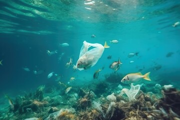 Fototapeta na wymiar Ocean pollution with plastic: a plastic bag floating underwater amidst fish, turtle and coral. A distressing depiction of the environmental threat posed by plastic waste to marine ecosystems