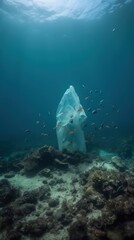 Ocean pollution with plastic: a plastic bag floating underwater amidst fish, turtle and coral. A distressing depiction of the environmental threat posed by plastic waste to marine ecosystems