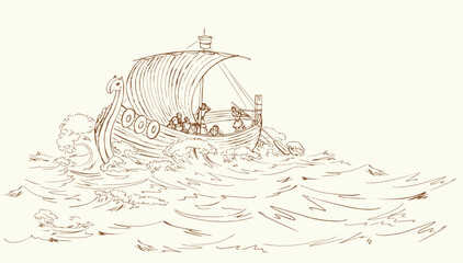 Vector drawing. Sailors on a ship in a storm © Marina