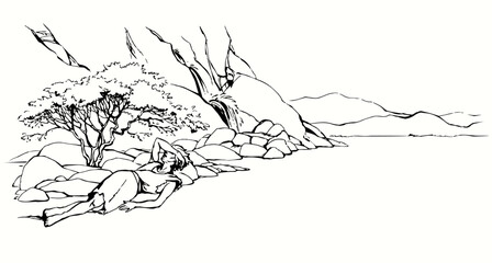 An exhausted person lies on the ground. Vector drawing