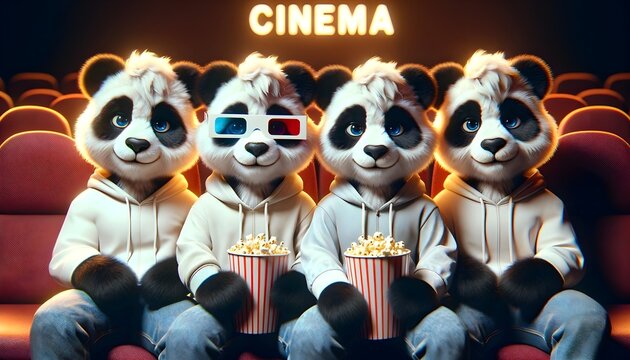 Group of cute panda's in movie theater 