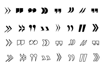 Quote mark vector set. Quotemarks outline, speech marks, inverted commas or talking marks collection. Talk bubble speech icon. Black quotes icon image and object.