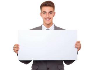 Businessman holding a blank sign on transparent background. Add your own text.