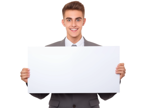 Businessman holding a blank sign on transparent background. Add your own text.
