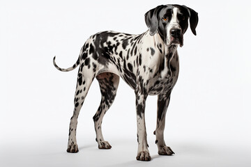Great Dane dog standing on a white background. Animal right-side portrait.