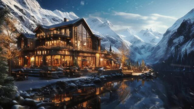  Ariel view on mountain's hotel mountain getaways and outdoor activities concept . High quality 4k footage