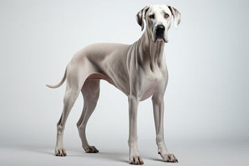 Great Dane dog standing on a white background. Animal right-side portrait.