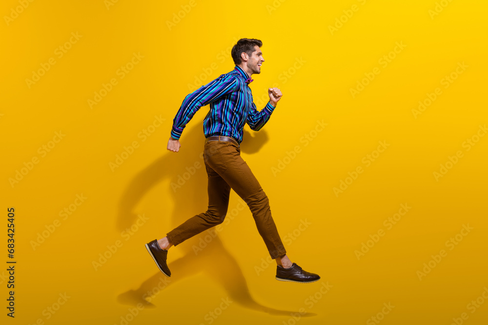 Sticker Full body photo of handsome man wear bow tie stylish shirt hurry run look at promo empty space isolated on yellow color background