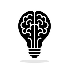 Brain in light bulb silhouette with rays. Symbol of creativity and creative idea.