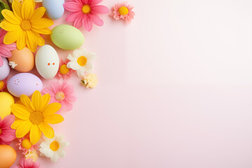 Fototapeta na wymiar Vibrant Easter Celebration Background with Pastel Eggs and Spring Flowers
