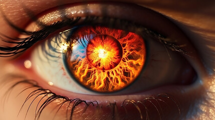 Extreme close-up of a beautiful person eye in flames , burning glowing fire in the eye iris , angry...