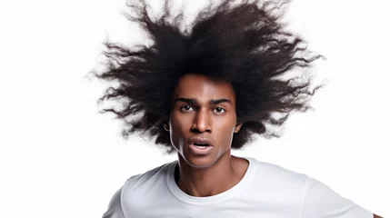 Fotobehang Portrait of an handsome black afro american young male model man with beautiful afro hair in motion isolated on white background © Keitma