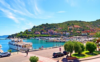 panorama from above of Porto Santo Stefano on the coast of Monte Argentario in Grosseto, Tuscany,...