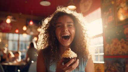 Happy smiling young adult girl woman eats a cupcake inside a rustic restaurant - obrazy, fototapety, plakaty