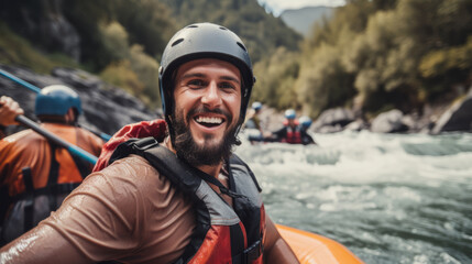 Young man on a thrilling white-water rafting expedition. He commands the raft with confidence through challenging rapids, creating an unforgettable outdoor experience with his friends. - obrazy, fototapety, plakaty