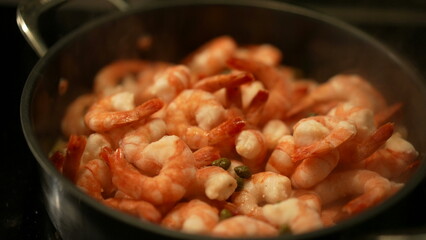 Cooking Shrimps in Pan, Seafood Preparation for Healthy Eating, smoke steam