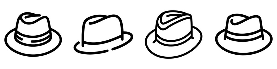 Fedora hat icons set. Fedora hat black linear icon on white background.