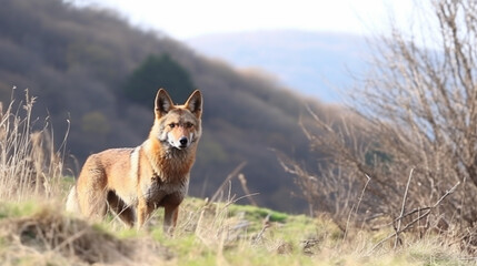 Bulgaria wildlife, Balkan in Europe. Golden jackal, Canis aureus, feeding scene meadow generative ai
