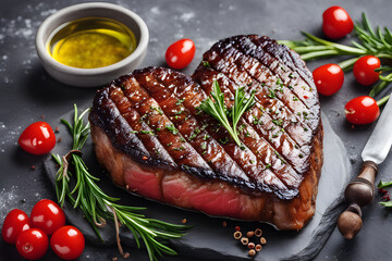 Various degrees of doneness of heart-shaped beef steak with spices, flowers on a stone dark background. photo Playground AI platform - obrazy, fototapety, plakaty
