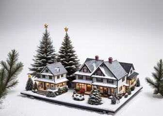 Fototapeta premium Diorama, miniature, model shot on tilt-shift. A charming miniature cottage nestled among vibrant flowers and lush greenery, its quaint windows and peaked roof embodying the essence of a tranquil outdo