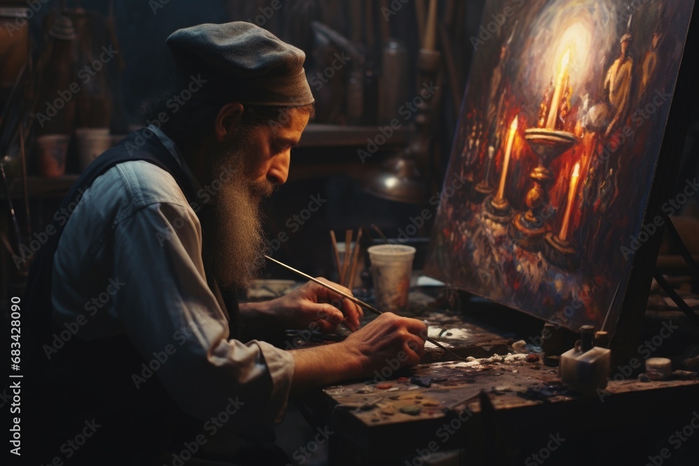 Poster a man is seen painting a picture on a canvas. this versatile image can be used for various creative 