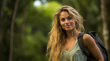 Naklejka premium A very beautiful, sensual, slight smiling, candid, blond, and content 24-year-old woman against a jungle background, with backpack