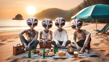Aliens having picnic at the beach - obrazy, fototapety, plakaty