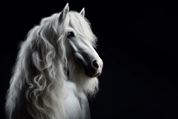 photorealistic studio full body portrait of a Bearded white horse on black background. ai generative