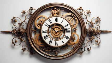 A classic wall clock, its tick-tock motion frozen in time, exhibited magnificently against a white backdrop.