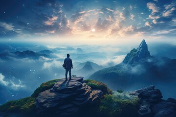 A man stands on top of a mountain, captivated by the beauty of the sky. Perfect for nature enthusiasts and those seeking inspiration from the vastness of the world. - obrazy, fototapety, plakaty