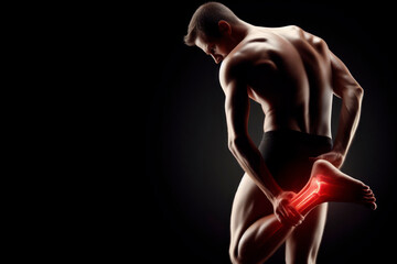 photorealistic studio full body portrait of a leg pain, Man, red spot on black background. ai generative