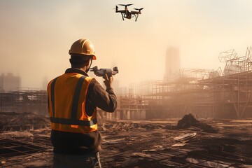a labor worker engineer flying a modern drone on construction site building