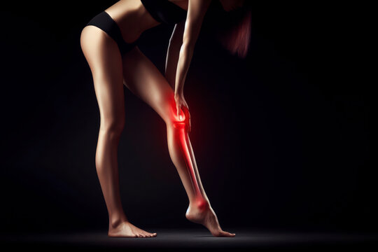 photorealistic studio full body portrait of a leg pain, woman, red spot on black background. ai generative