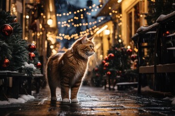 a cat walking in a Christmas street photograph, photography, professional quality --ar 3:2 --v 5.2...