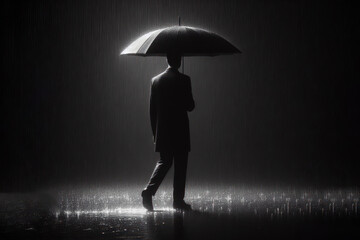 full body portrait of a Solitary figure walks with black umbrella in the rain on black background. ai generative - obrazy, fototapety, plakaty