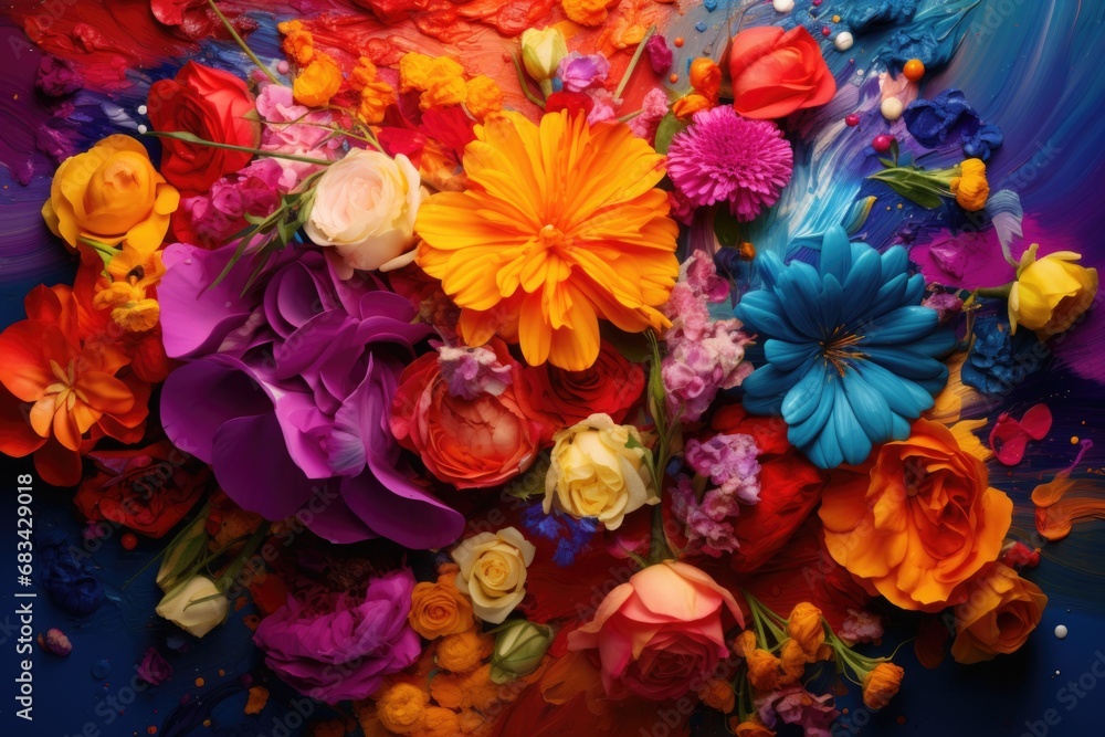Poster a vibrant bunch of colorful flowers displayed on a smooth blue surface. perfect for adding a pop of 