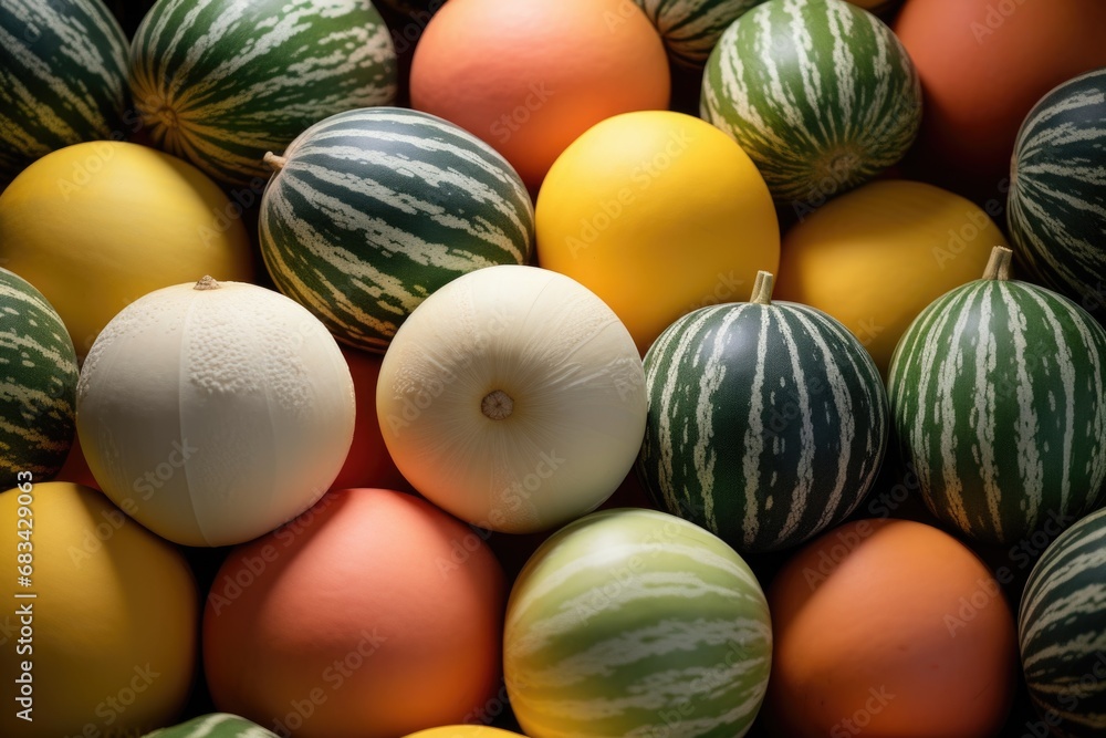 Poster a pile of melons and other fruit stacked on top of each other. this image can be used to showcase a 