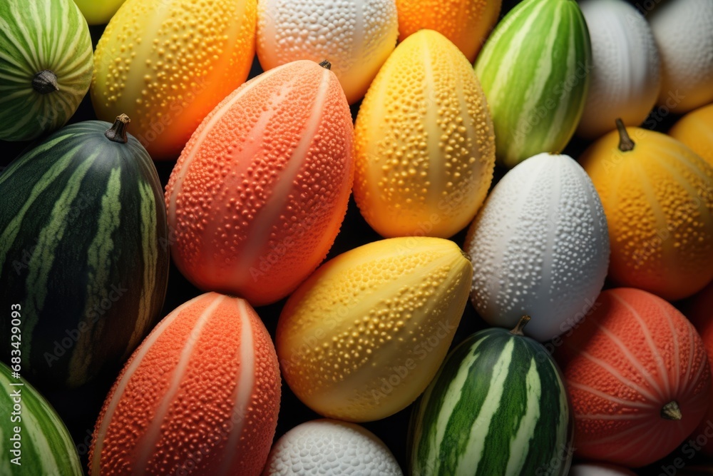 Poster a pile of watermelon and melons stacked on top of each other. this image can be used to showcase the
