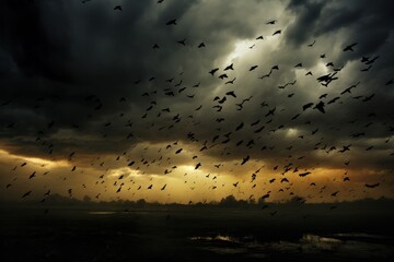 a cloud of crows during orage storm photograph, photography, professional quality --ar 3:2 --v 5.2 Job ID: d0d516ff-9503-4af3-a4a5-53bc740e7ec5 - Powered by Adobe