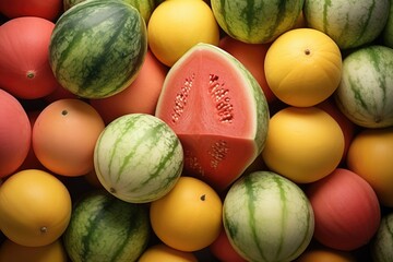 A large pile of watermelon and oranges. This picture can be used to depict abundance, freshness,...