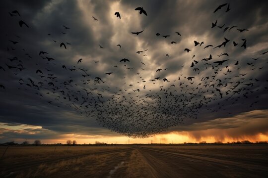 a cloud of crows photograph, photography, professional quality --ar 3:2 --v 5.2 Job ID: 4f9e18c2-5115-4fe9-a53e-4b404f3f6273