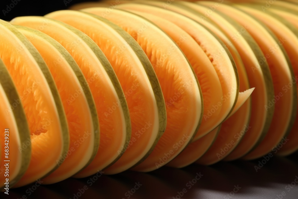 Poster a close-up view of a sliced orange on a table. this vibrant and refreshing image can be used in vari