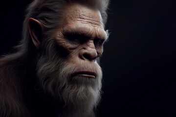 photorealistic studio portrait of a mature male Bigfoot on black background. ai generative