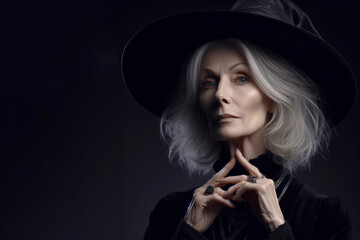 photorealistic studio portrait of a mature witch on black background. ai generative
